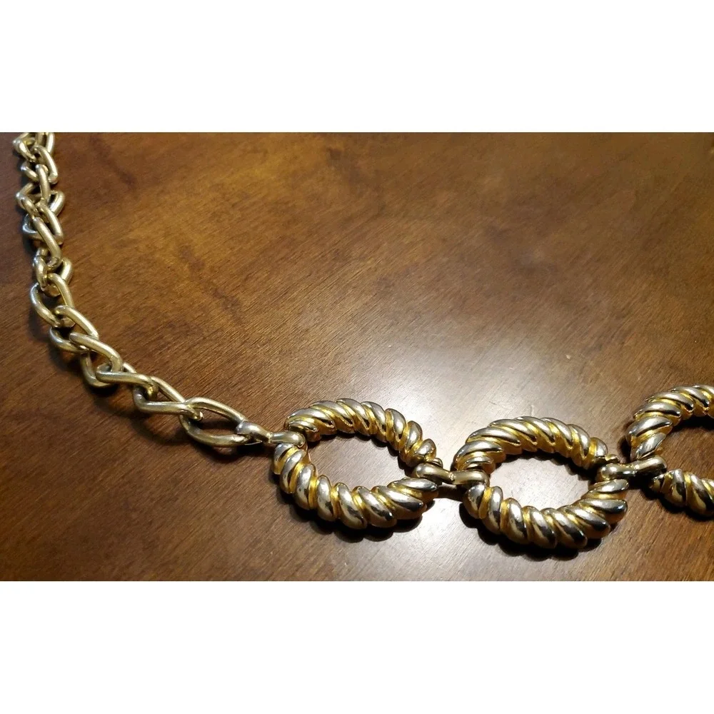 Vintage Womens Waist Belt Chunky Gold & Silver Tone Metal Ribbed Oval Link Chain